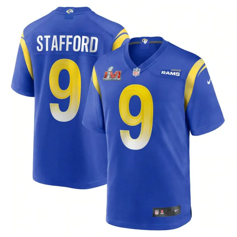 Matthew Stafford 9 Rams Jersey Blue Super Bowl Lvi Champions Men Yellow White