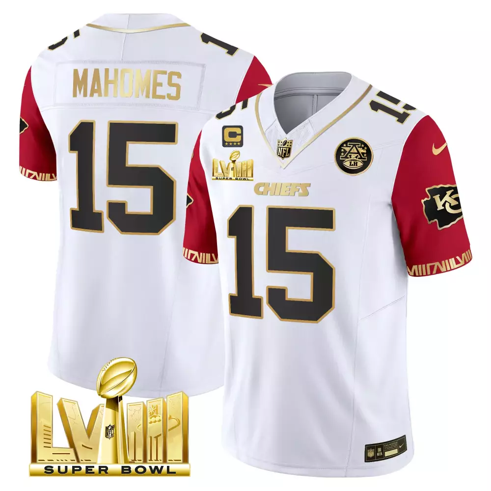 Patrick Mahomes 15 Chiefs Jersey White Super Bowl Lvii 2023 Men Replica Red Gold