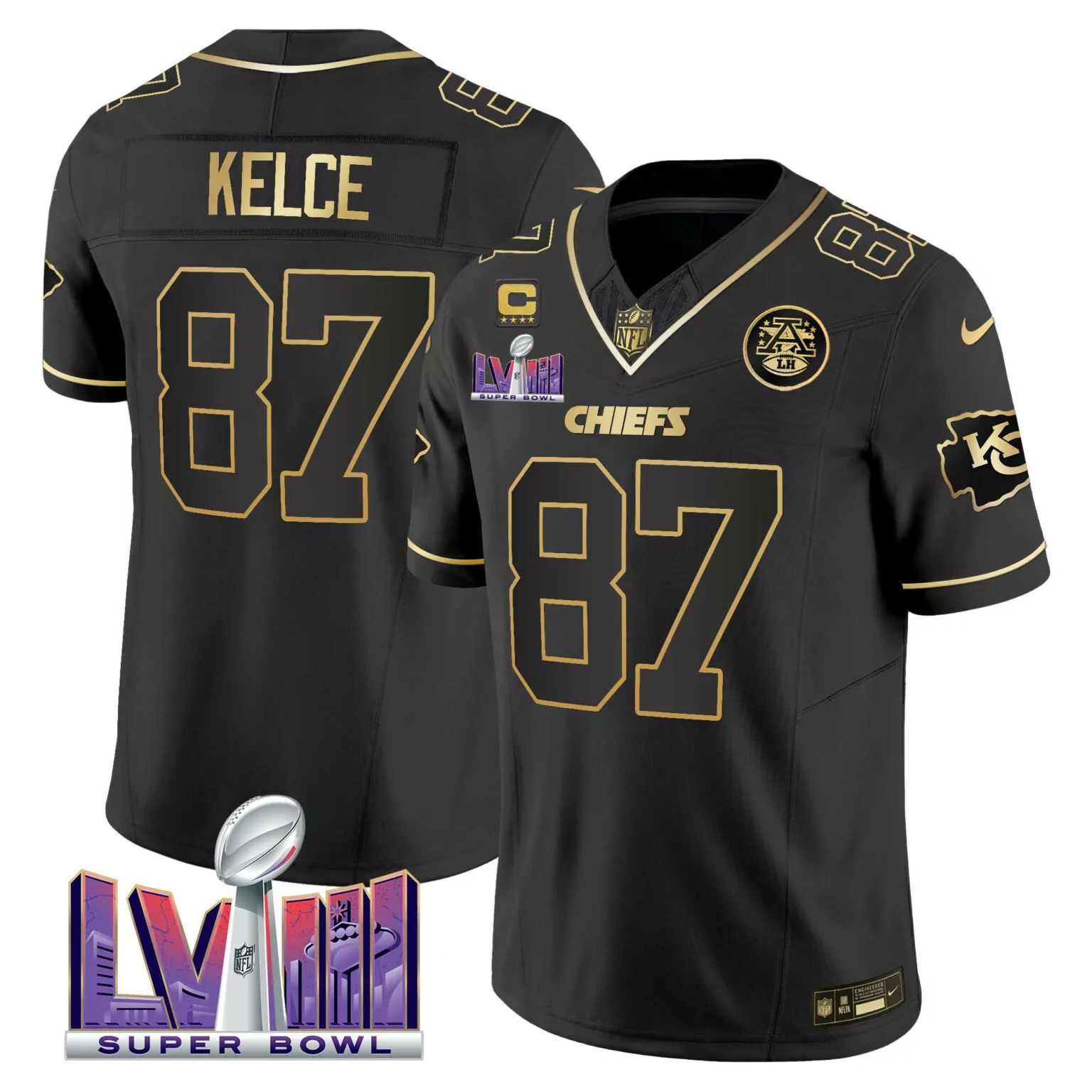 Travis Kelce 87 Chiefs Jersey Black Super Bowl Lviii Men NFL Gold v4 All Stitched