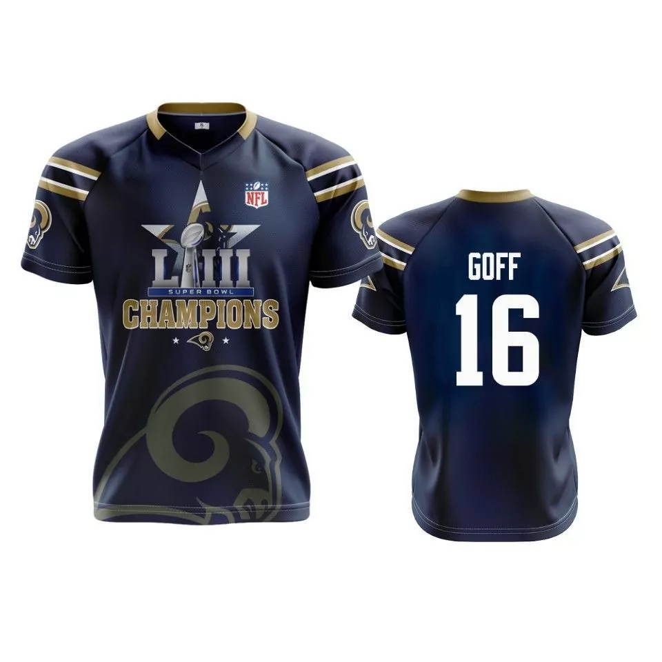 Jared Goff 16 Los Angeles Rams Jersey Navy Blue Super Bowl Liii Champions Men Gold
