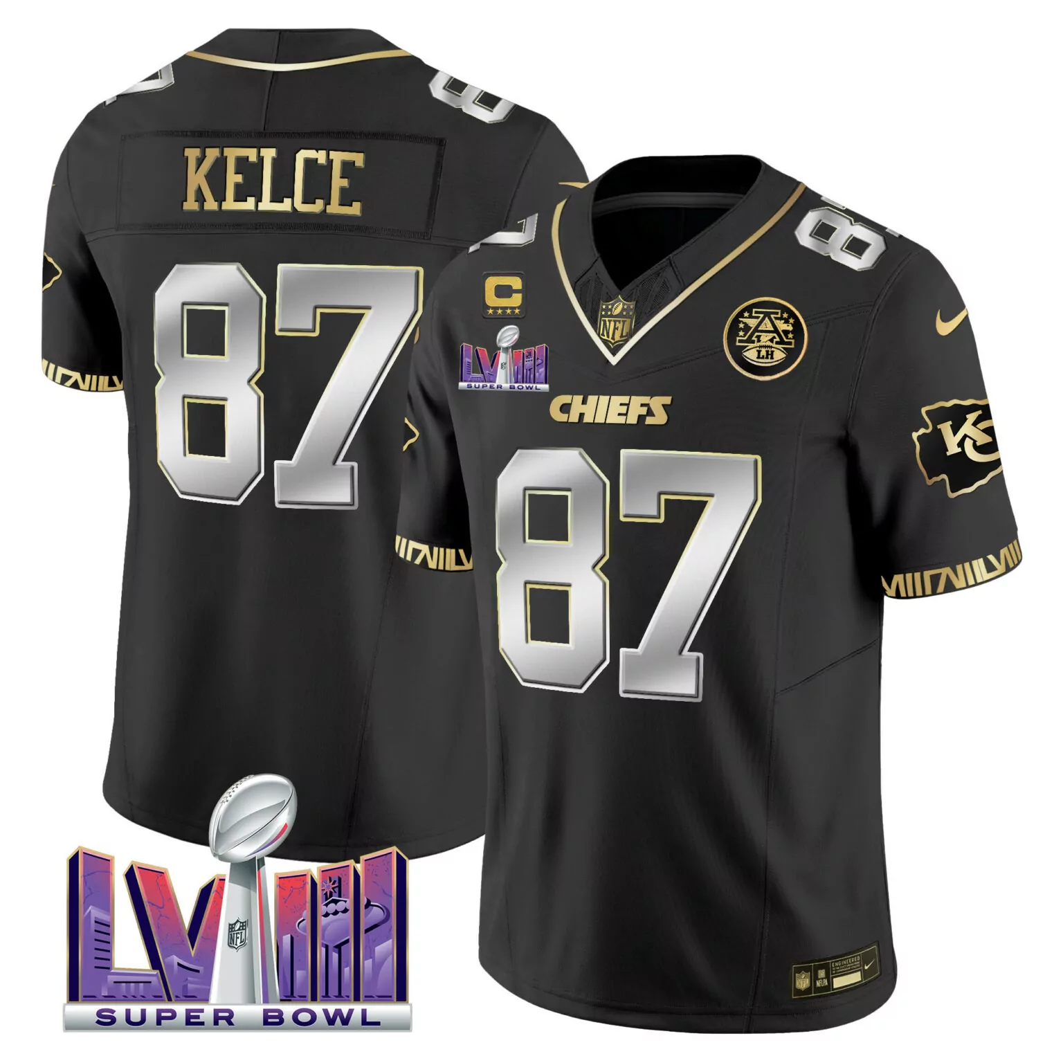 Travis Kelce 87 Chiefs Jersey Black Super Bowl Lviii Men Game Gold Silver All Stitched