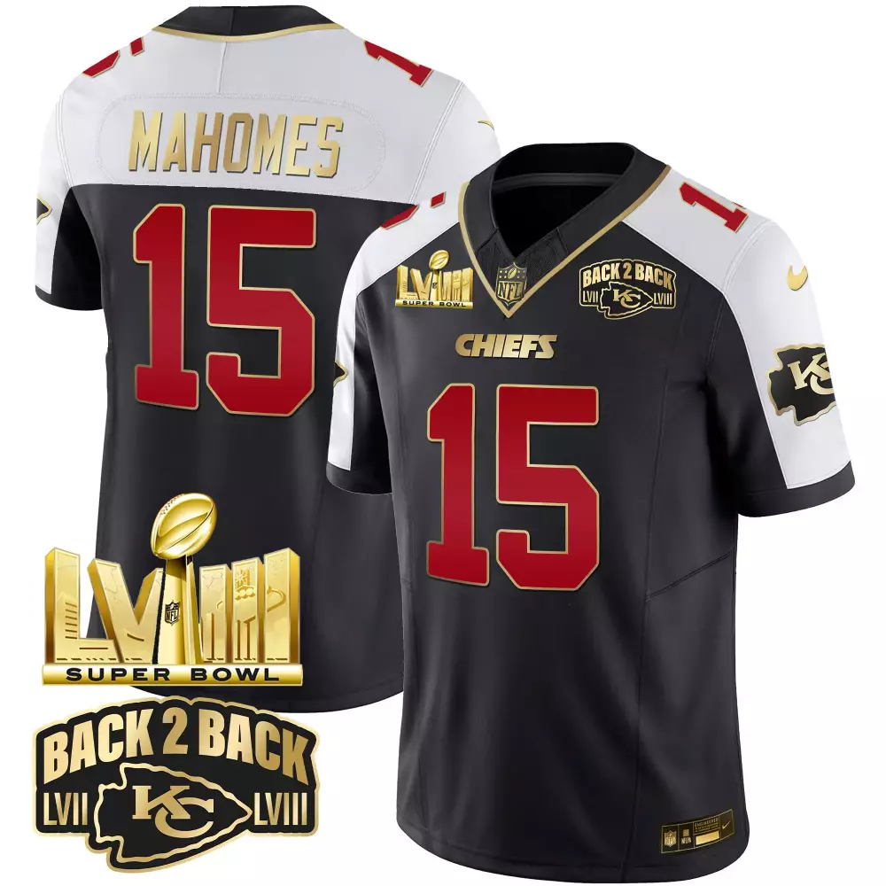 Patrick Mahomes 15 Chiefs Jersey Black Super Bowl Lviii Champions Lvii 2023 Men Player