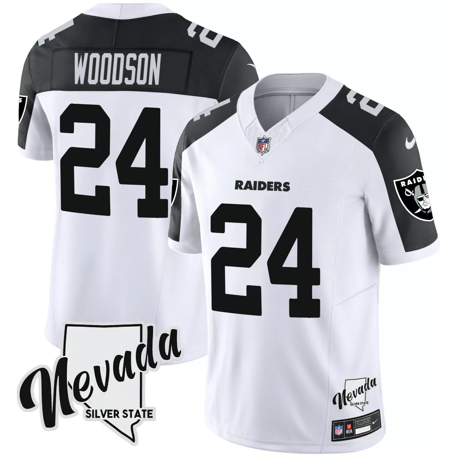 Charles Woodson 24 Raiders Jersey White Men Replica Black v2 All Stitched