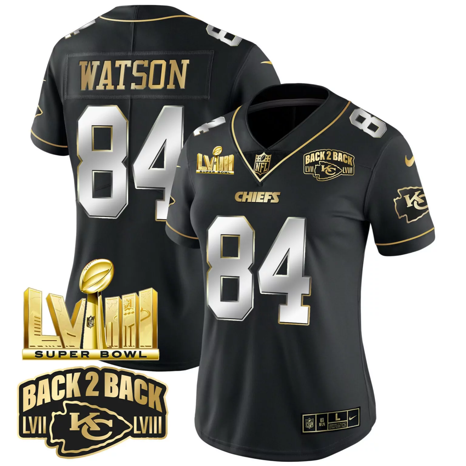 Justin Watson 84 Chiefs Jersey Black Super Bowl Lviii Men Player Gold Silver v2 All