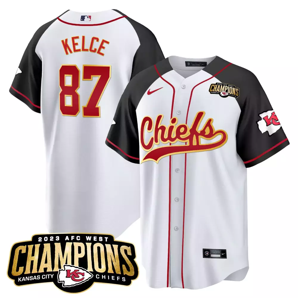 Travis Kelce 87 Jersey White Kansas City Chiefs 2023 AFC West Champions Men Split