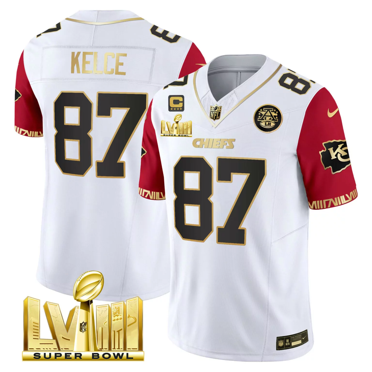 Travis Kelce 87 Chiefs Jersey White Super Bowl Lvii 2023 Men Alternate Red Gold Black