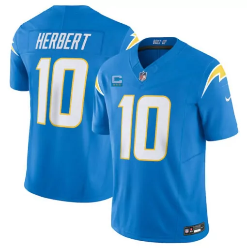 Justin Herbert 10 Jersey Blue Bolt Up Los Angeles Chargers Captain Men Yellow White