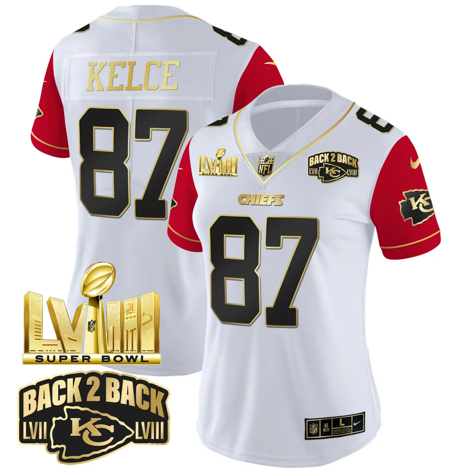 Travis Kelce 87 Chiefs Jersey White Super Bowl Lviii Champions Men Alternate Split Design