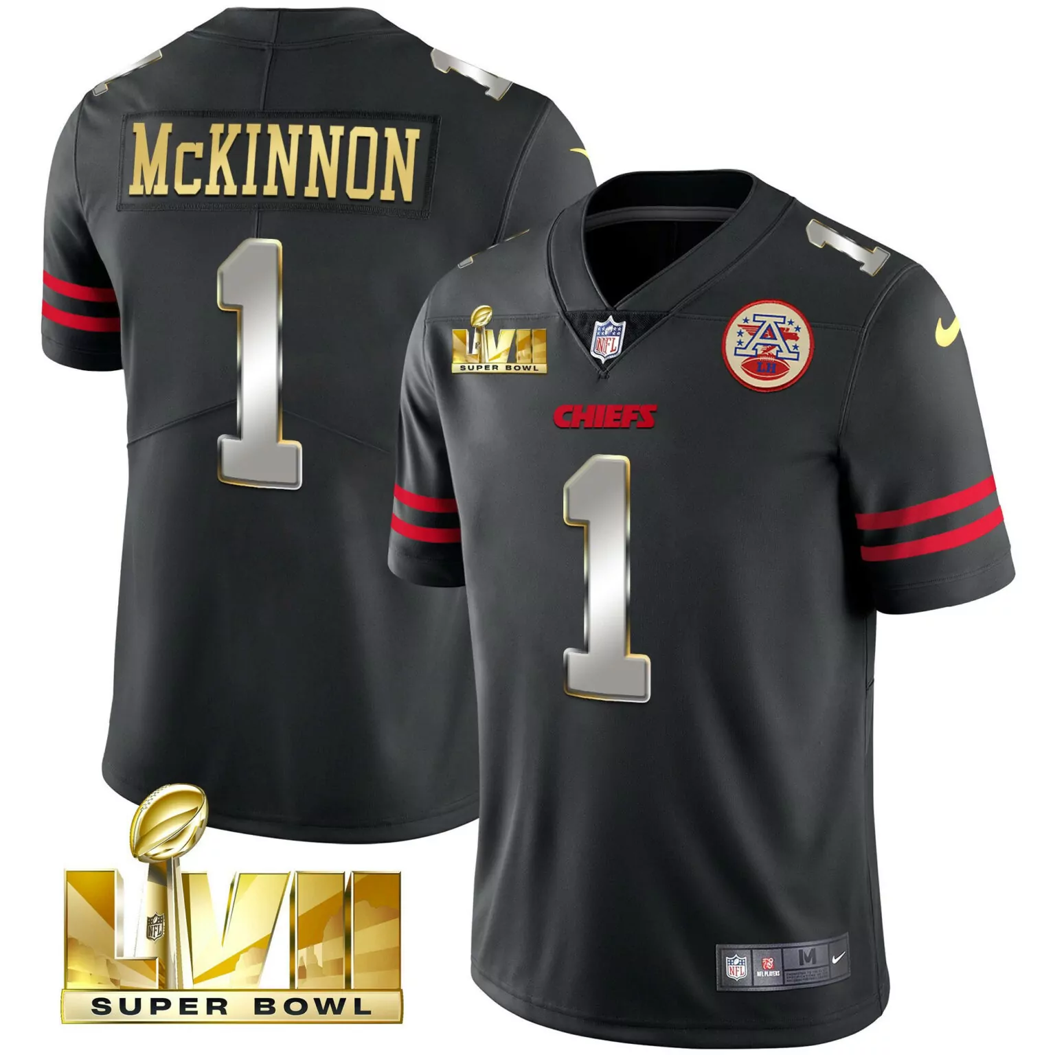 Jerick Mckinnon 1 Chiefs Jersey Black Super Bowl Lvii Men Player Red Gold All Stitched