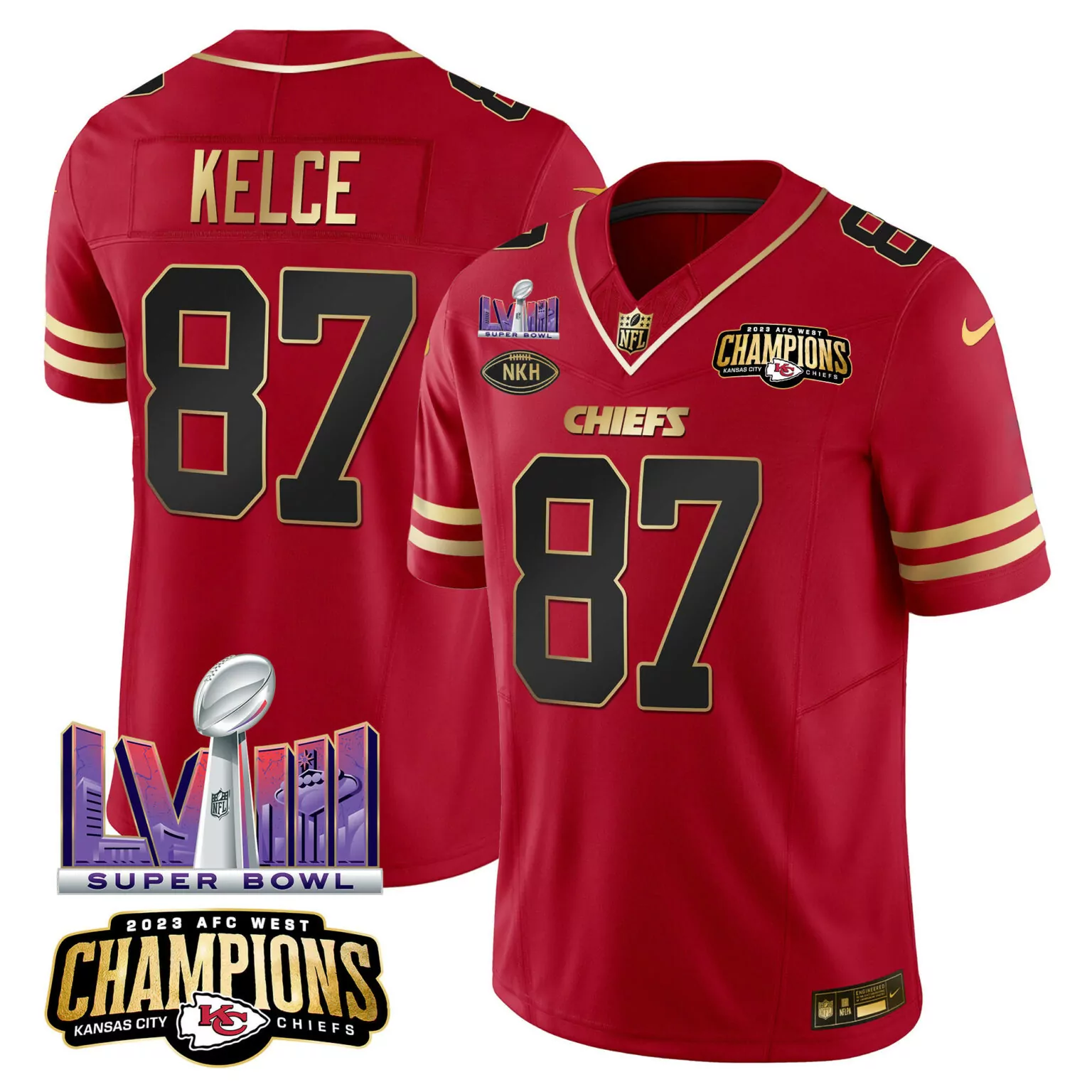 Travis Kelce 87 Chiefs Jersey Red Super Bowl Lvii Champions 2023 AFC West Men Gold