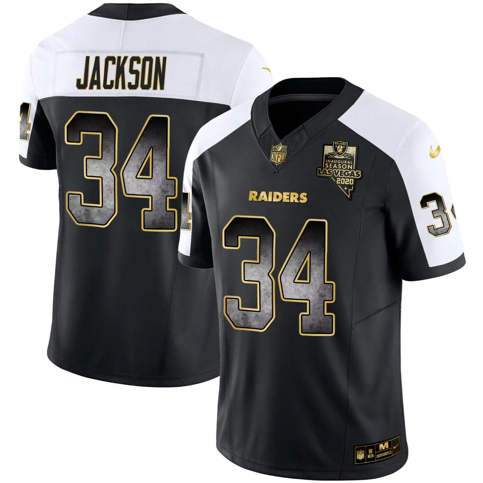 Bo Jackson 34 Raiders Jersey Black Men Authentic White Gold Alternate All Stitched