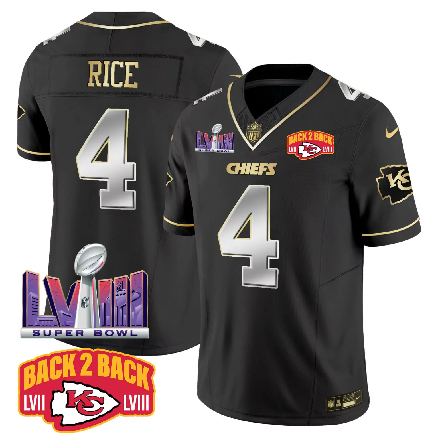 Rashee Rice 4 Chiefs Jersey Black Back 2 Super Bowl Champions Lvii Lviii Men Official