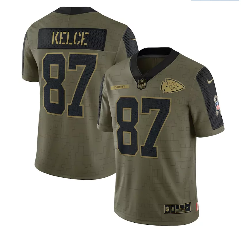 Travis Kelce 87 Jersey Olive Drab Salute To Service Kansas City Chiefs Men Camouflage