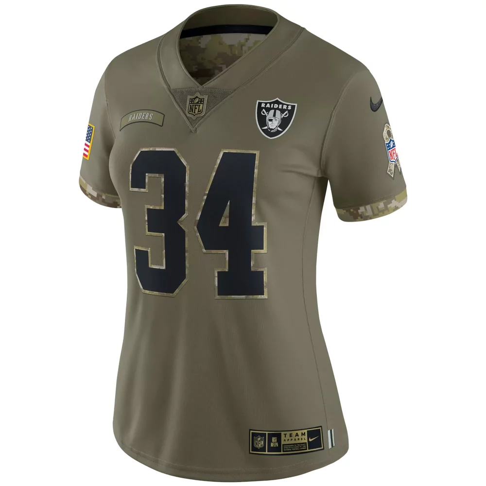 Custom Raiders 34 Jersey Olive Us Flag Salute To Service Women NFL Alternate Black