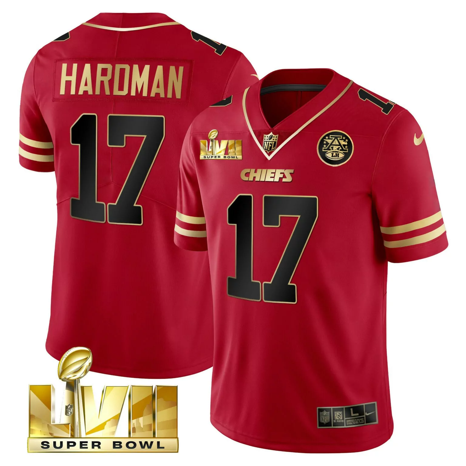 Mecole Hardman 17 Chiefs Jersey Red Super Bowl Lvii Men Player Black Gold All Stitched