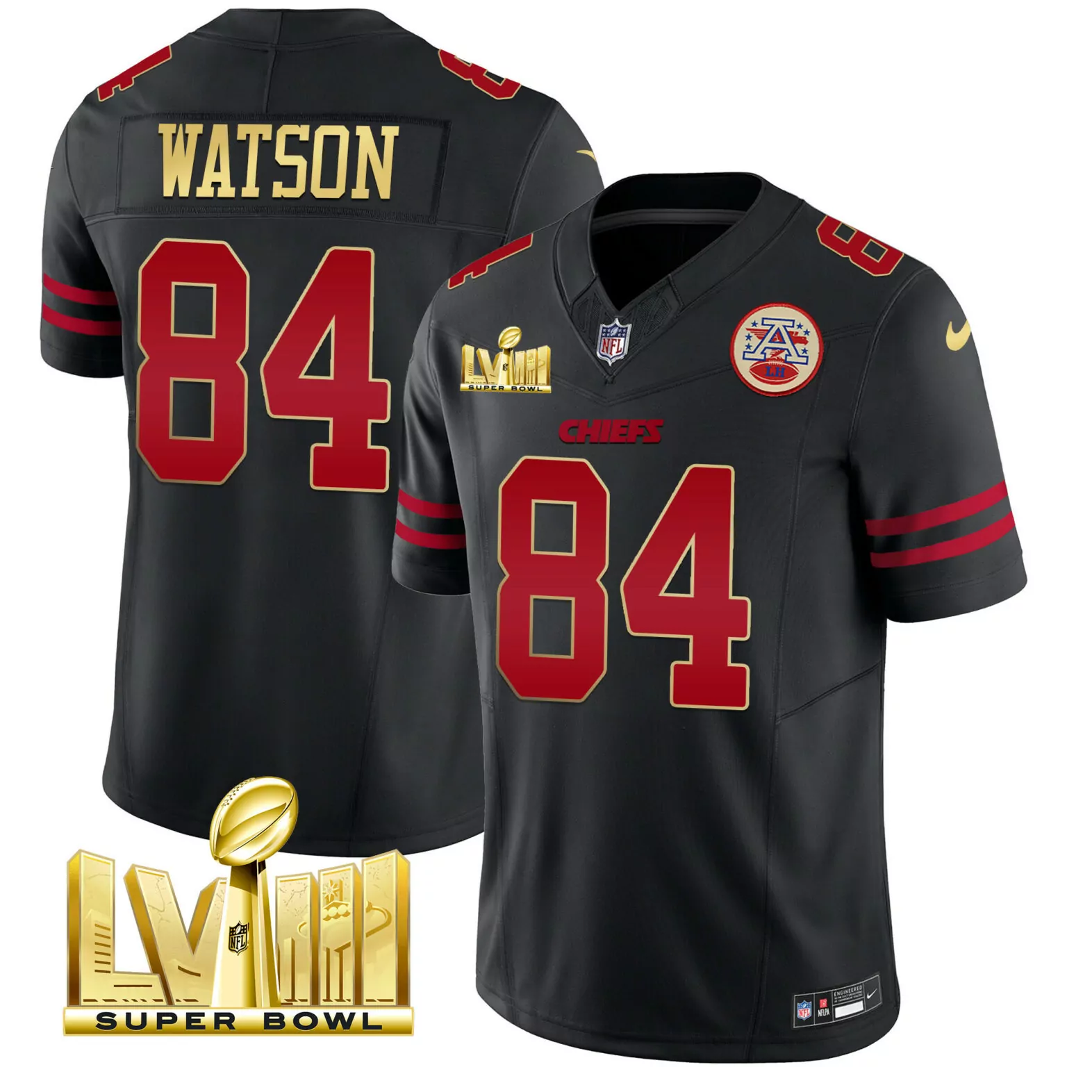 Justin Watson 84 Chiefs Jersey Black Super Bowl Lviii Men Red Gold All Stitched