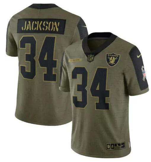 Bo Jackson 34 Raiders Jersey Olive Green Salute To Service Men Game Black Gold Stitched