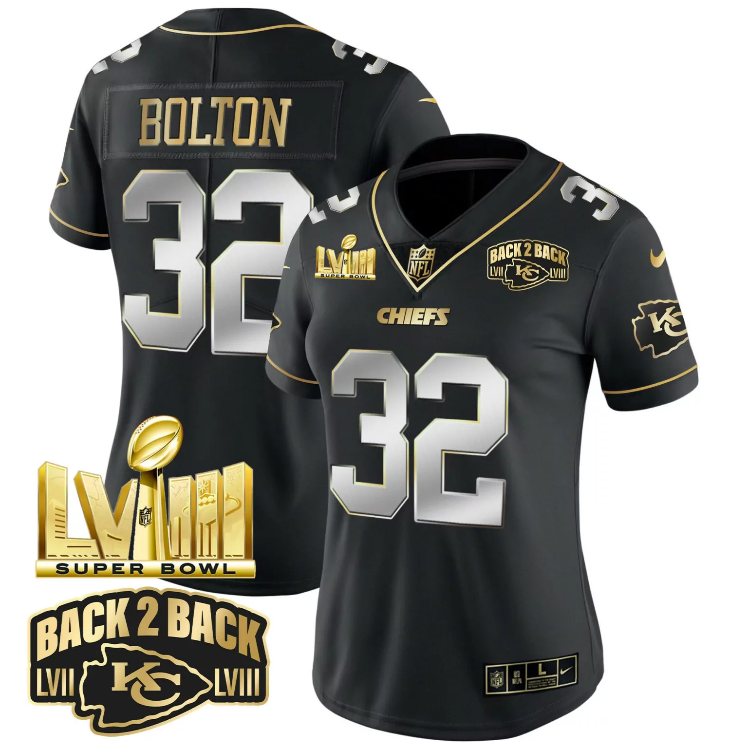 Nick Bolton 32 Chiefs Jersey Black Super Bowl Lviii Champions Lvii 2023 Women Game