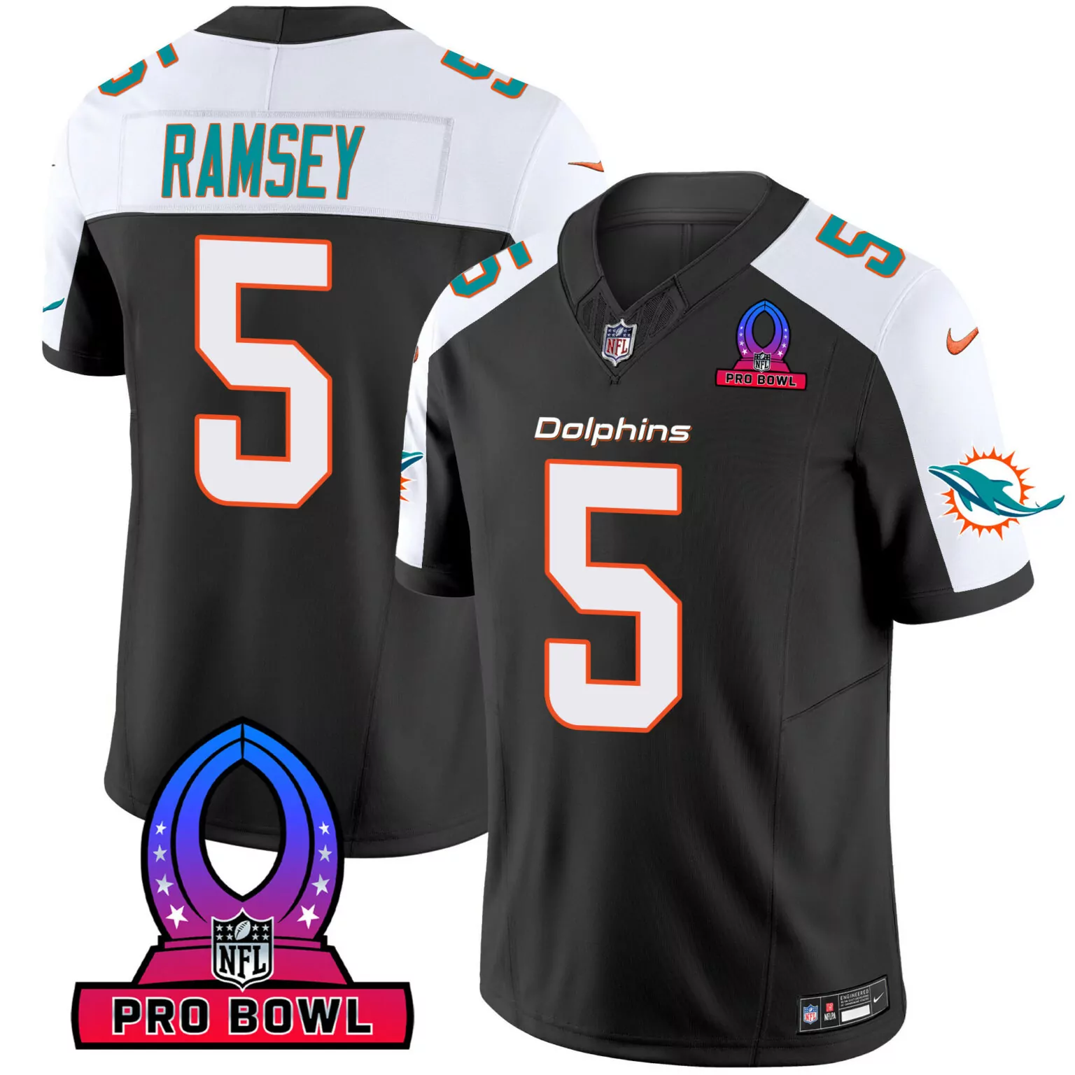 Jalen Ramsey 5 Miami Dolphins Jersey Black Pro Bowl Men NFL White Aqua Alternate