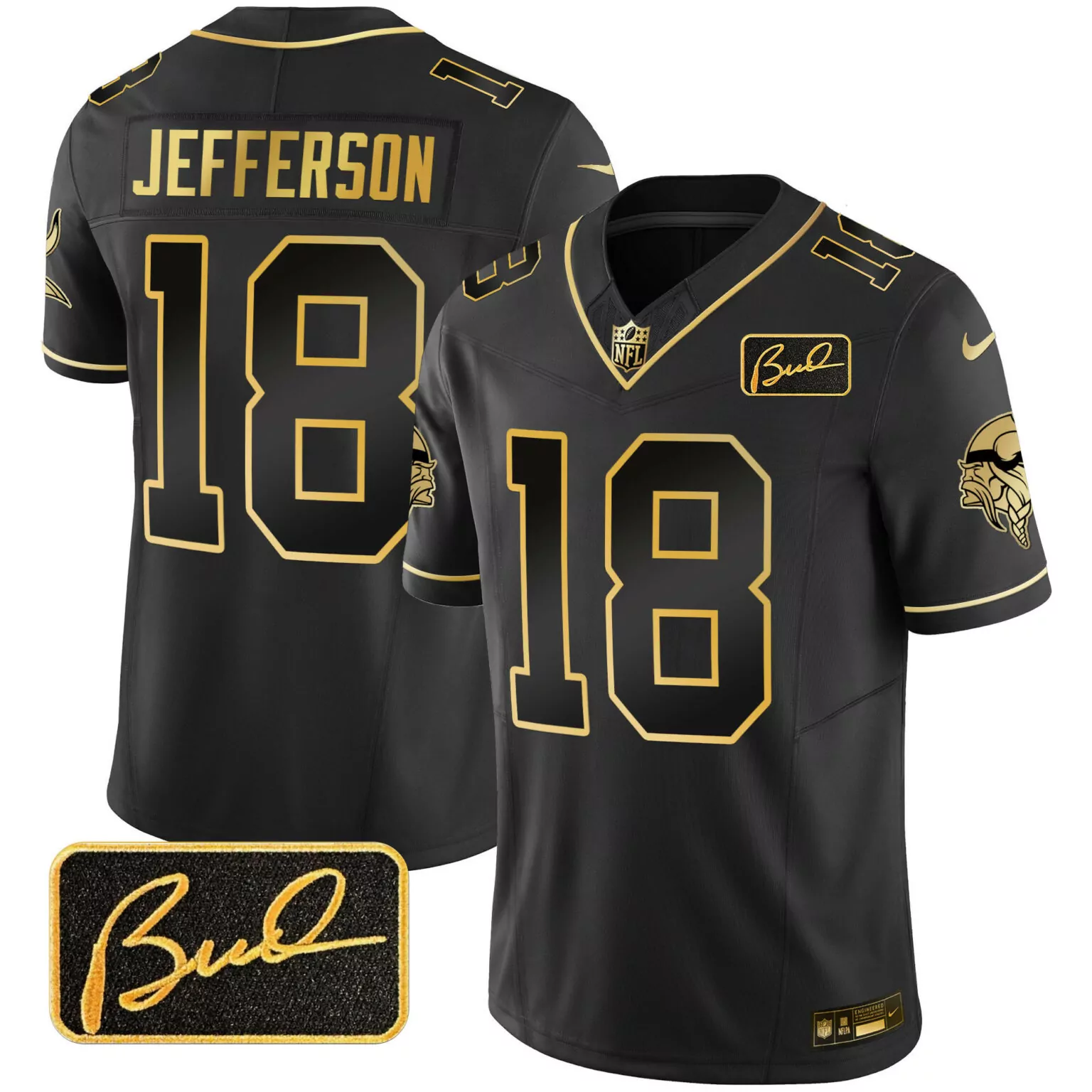 Justin Jefferson 18 Vikings Jersey Black Bud Grant Men Authentic Gold v2 All Stitched