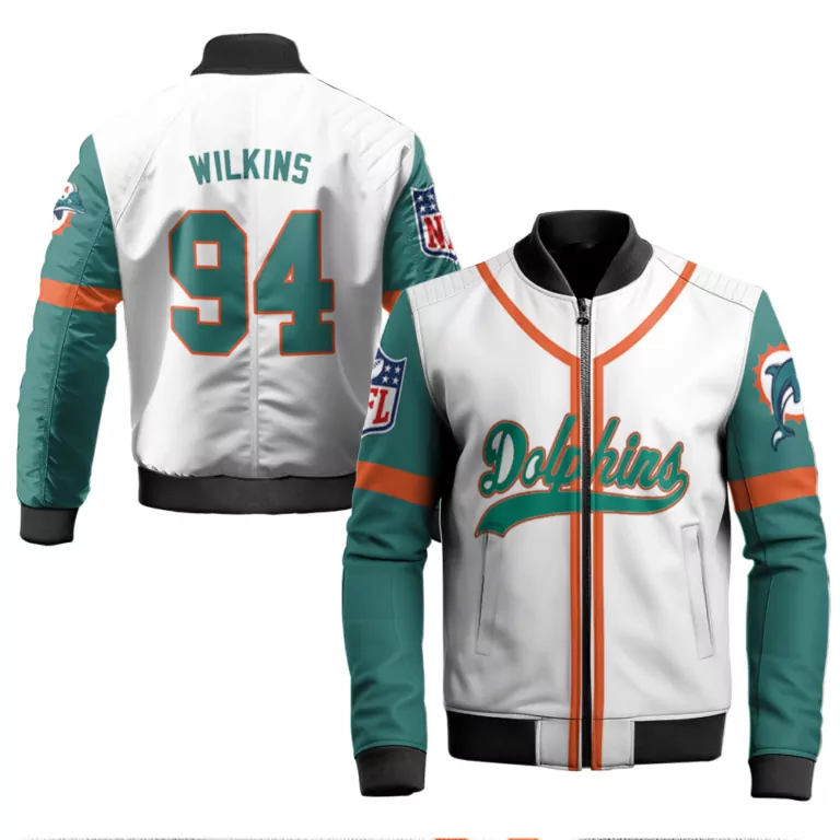 Wilkins 94 Miami Dolphins Jersey White Men Bomber Jacket Teal Orange Throwback