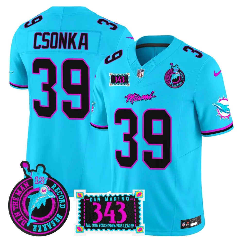 Larry Csonka 39 Miami Dolphins Jersey Aqua + Hot Pink Throwback Dan Marino Record Breaker 2024
