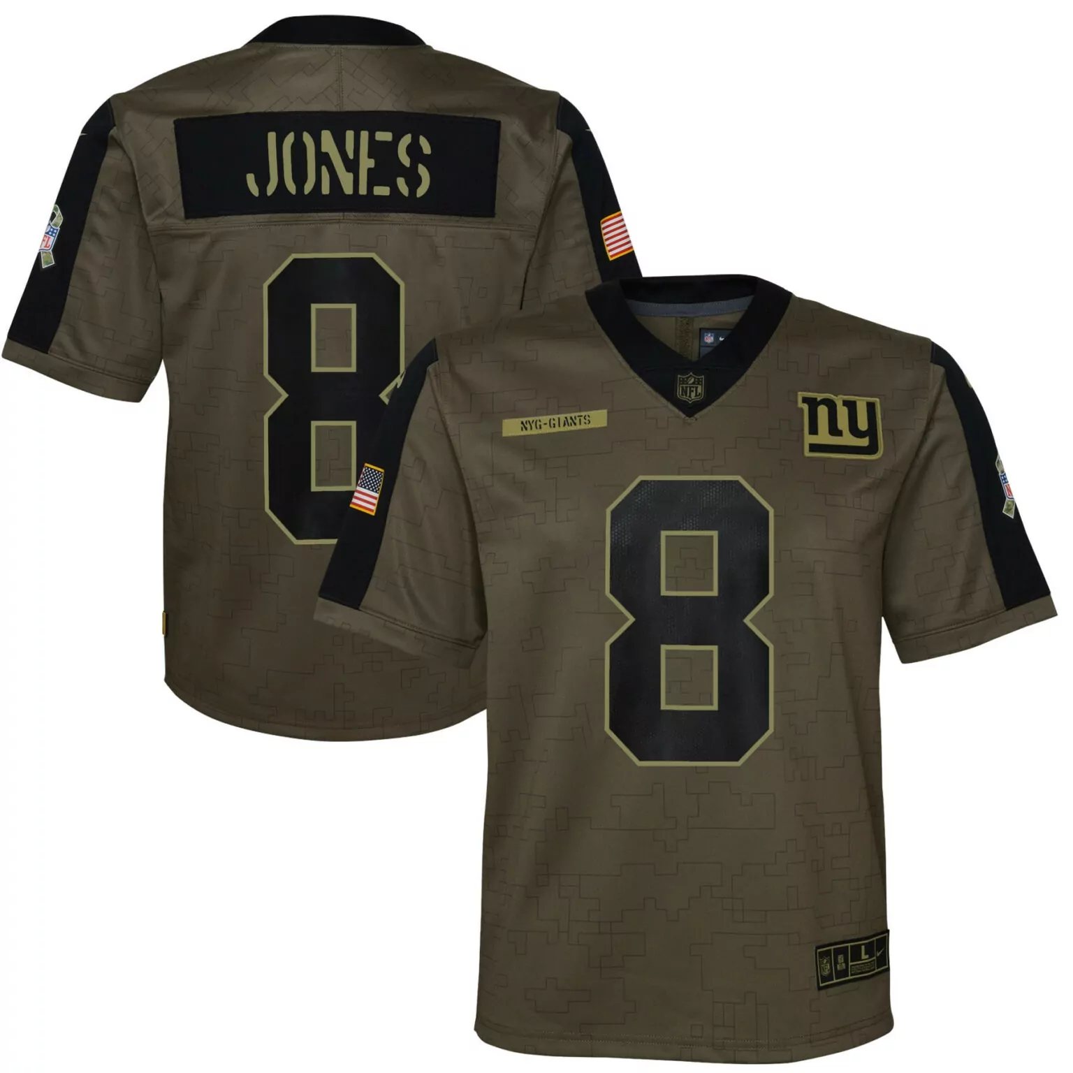 Daniel Jones 8 New York Giants Jersey Olive Green Salute To Service Us Flag Men NFL