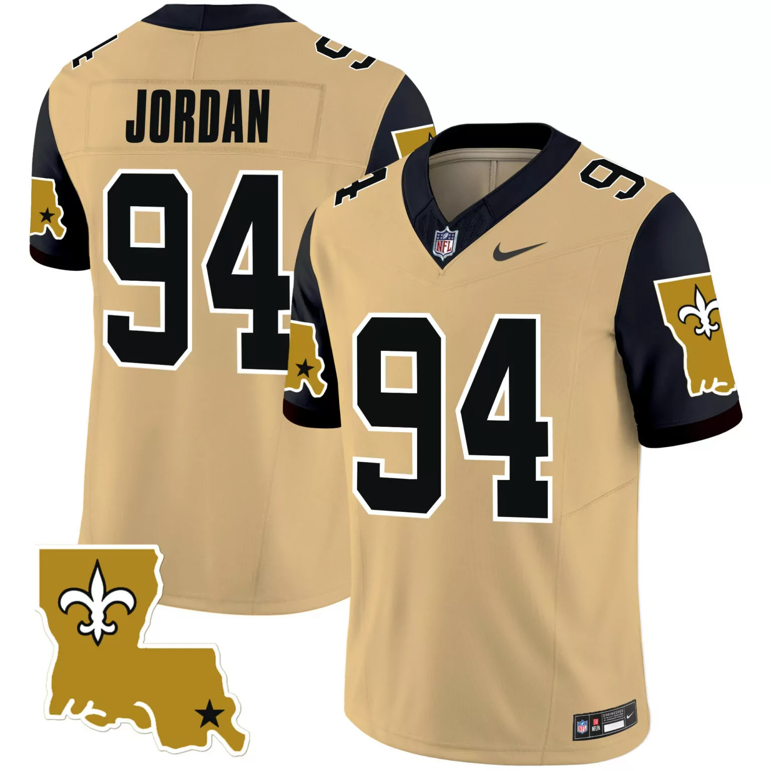 Jordan 94 New Orleans Saints Jersey Gold Louisiana Outline Fleur-de-lis Men Black