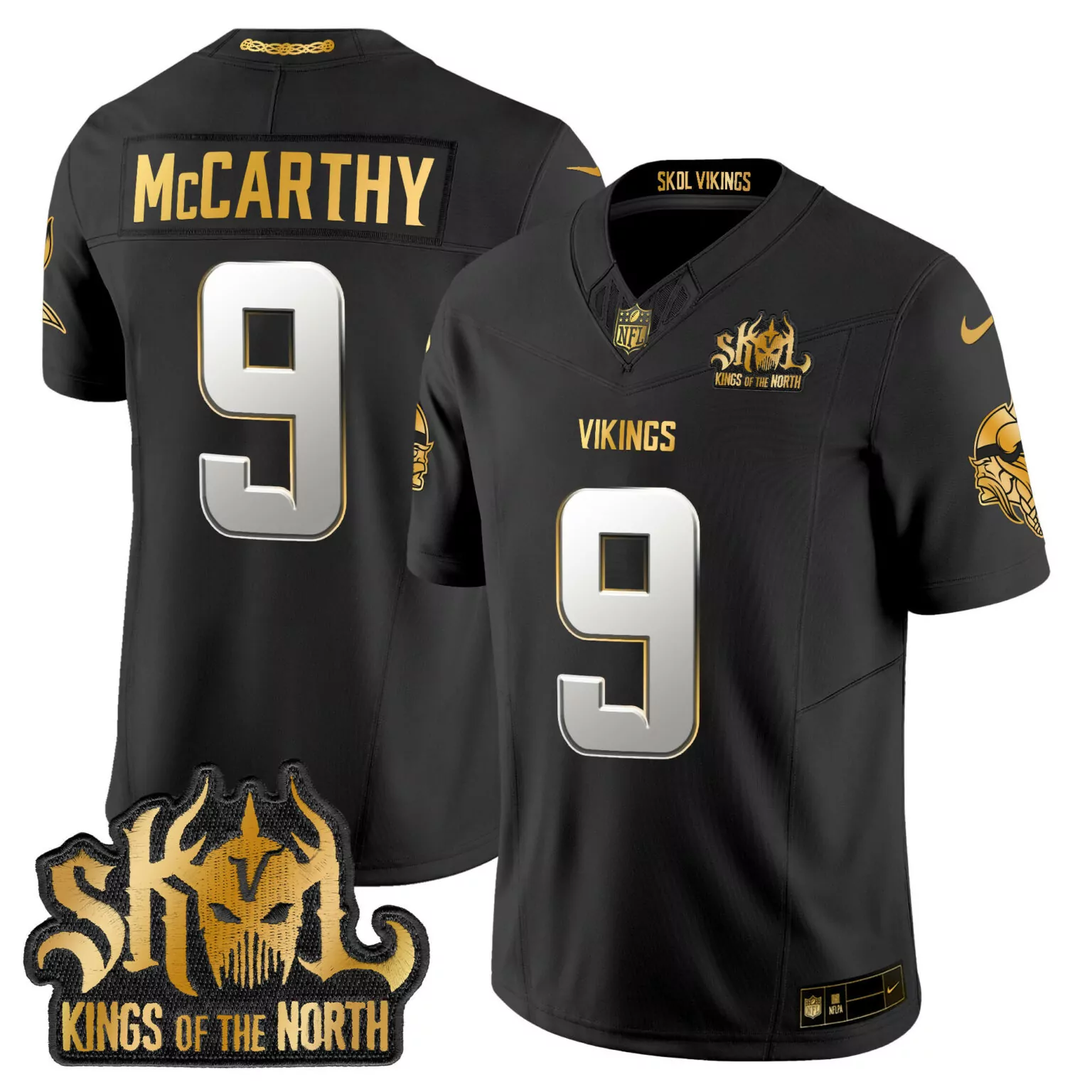 Jj Mccarthy 9 Vikings Jersey Black Skol Kings North Men Gold Silver All Stitched