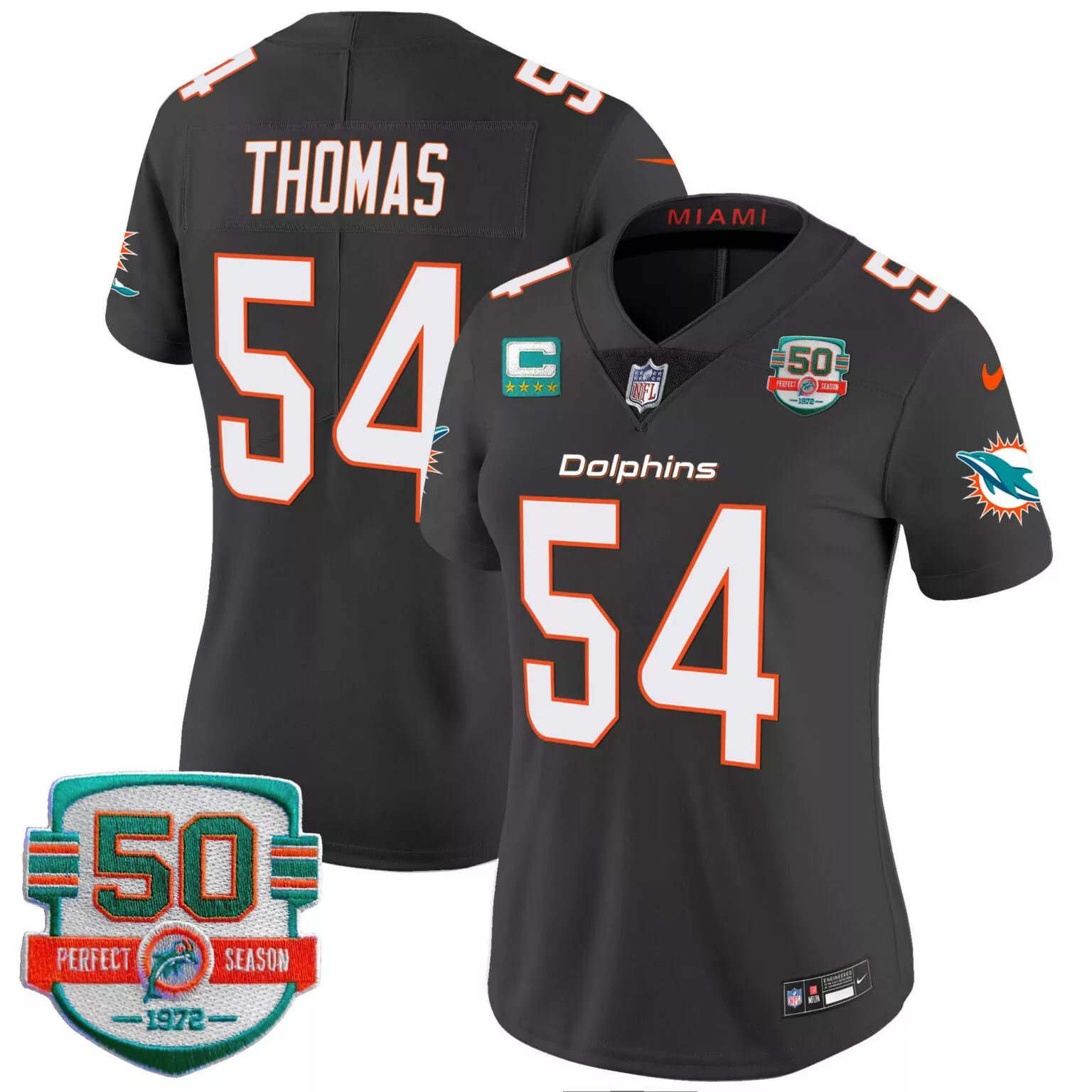 Zach Thomas 54 Dolphins Jersey Black Perfect Season 1972 Men Standard Orange White