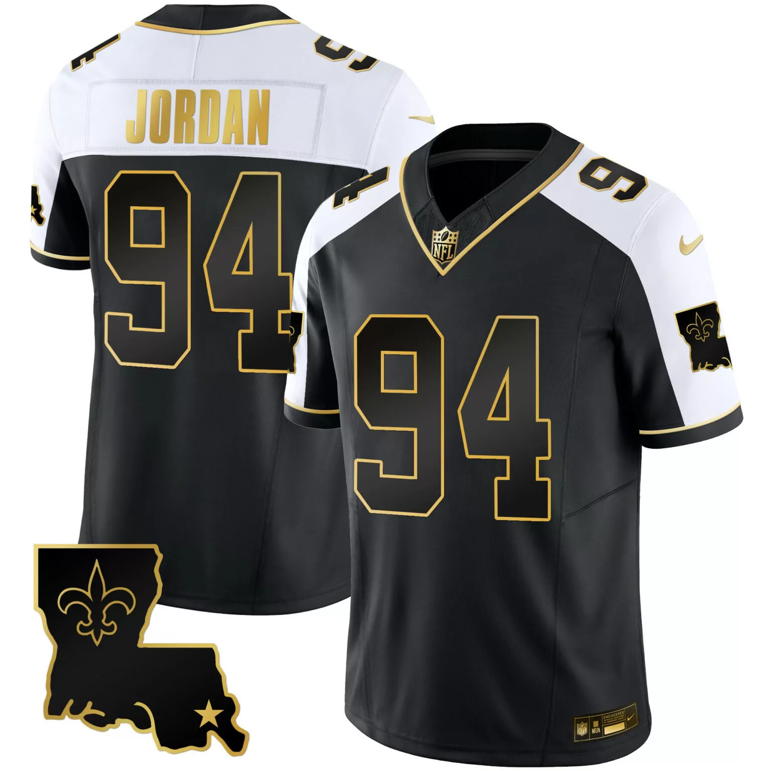 Jordan 94 New Orleans Saints Jersey Black Louisiana Men Game Alternate White Gold
