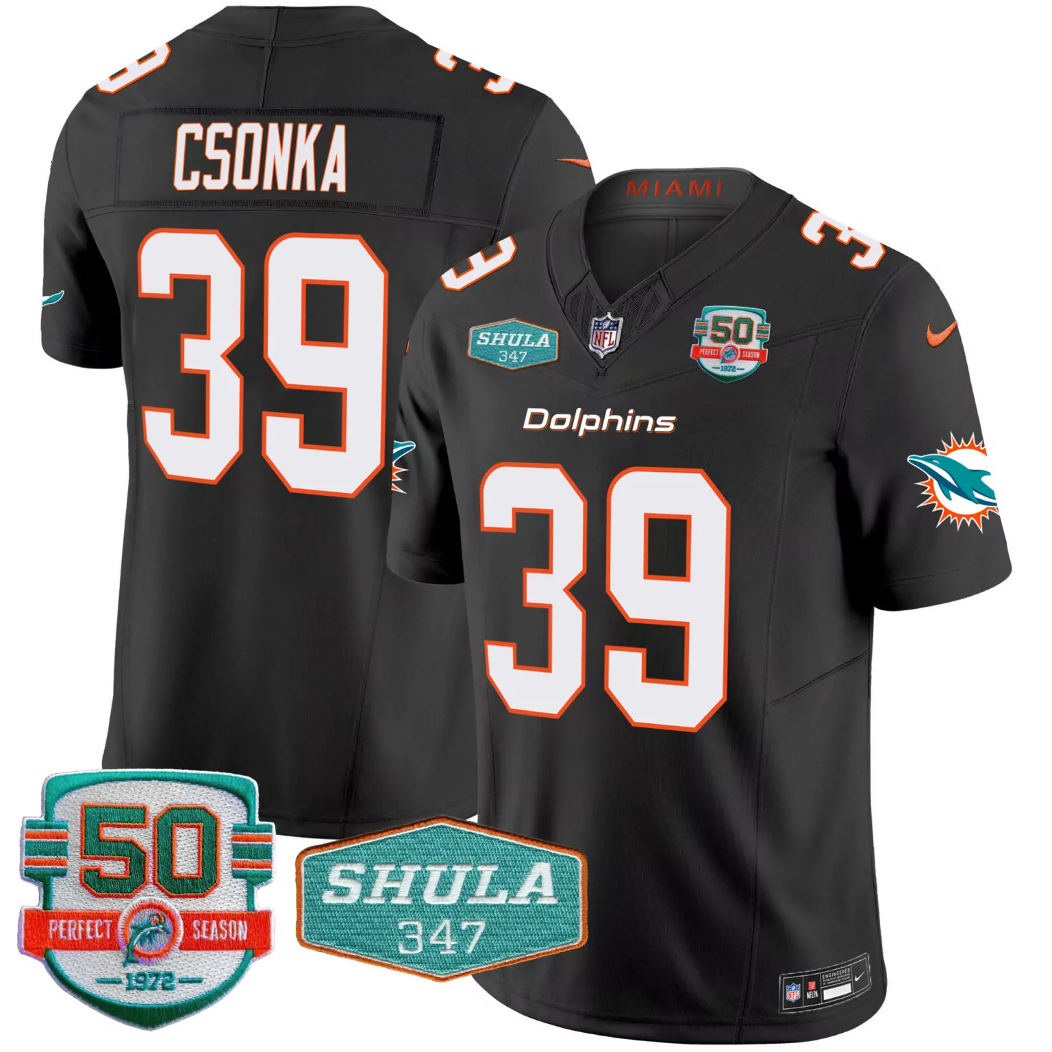 Larry Csonka 39 Miami Dolphins Jersey Black 50th Season Perfect 1972 Shula 347 Men