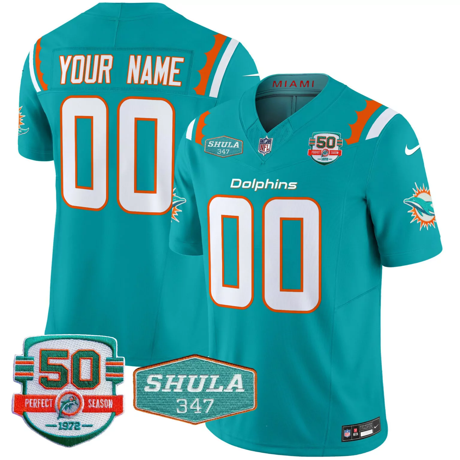 Custom Dolphins Jersey Teal 50th Anniversary Perfect Season Shula 347 Men Orange
