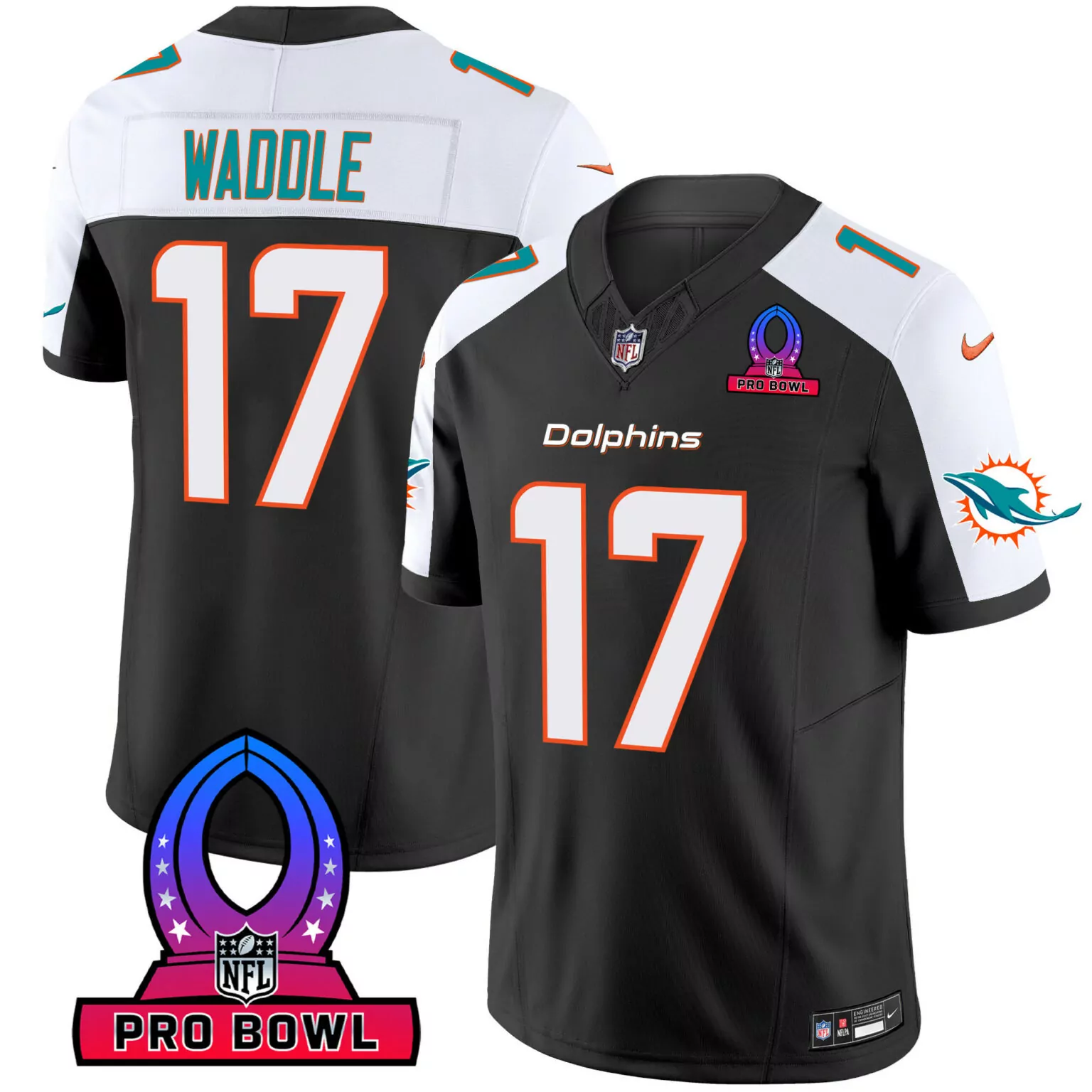 Jaylen Waddle 17 Miami Dolphins Jersey Black Pro Bowl Men NFL Split Design White