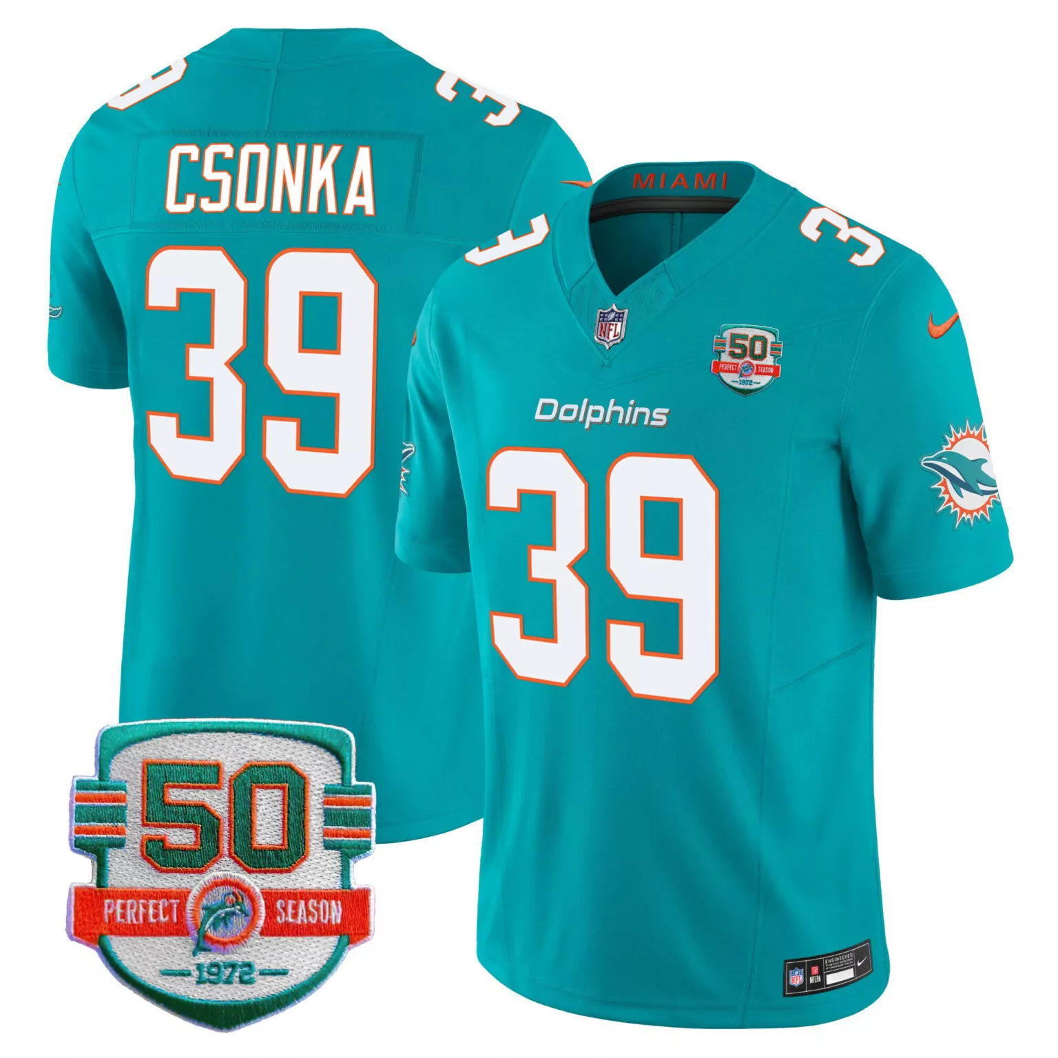 Larry Csonka 39 Miami Dolphins Jersey Aqua 50th Perfect Season 1972 Men Orange White