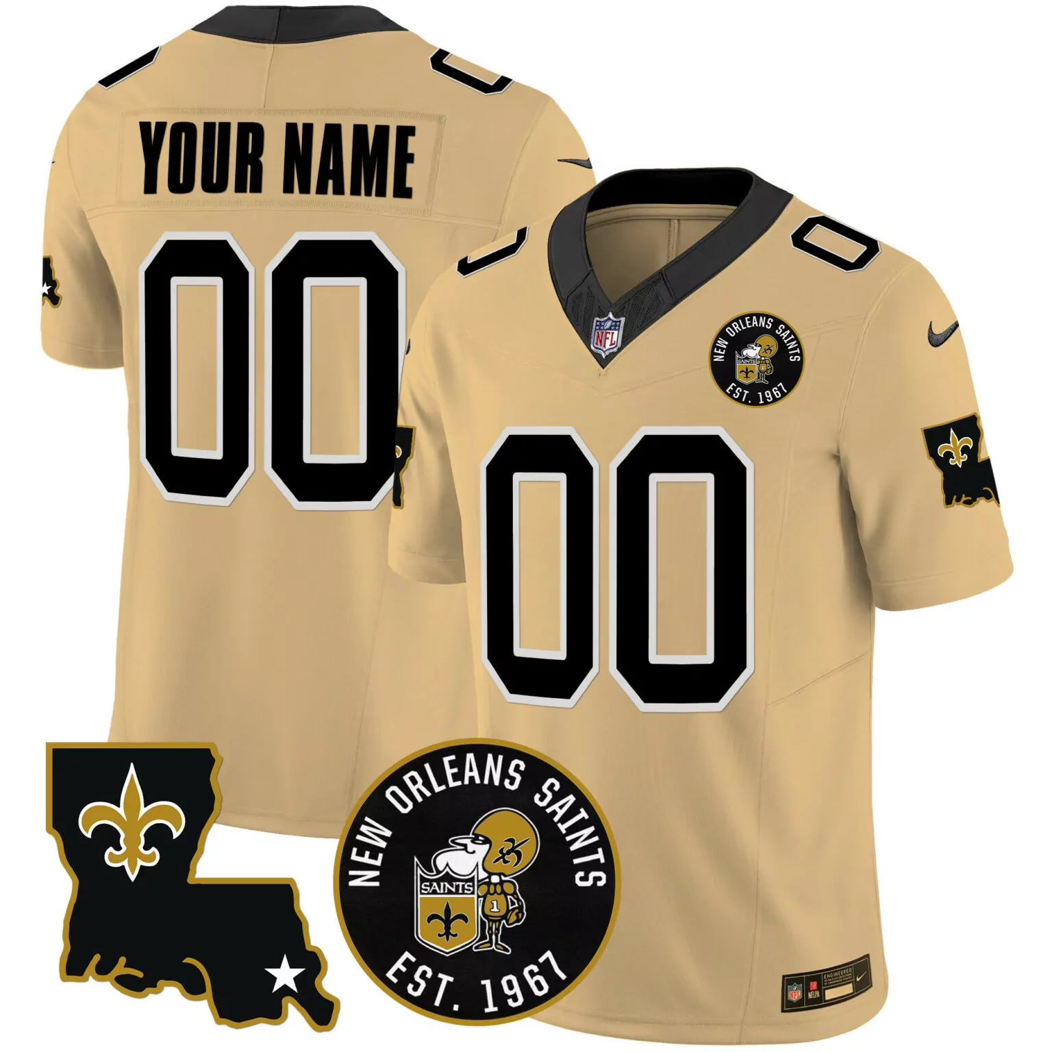 Custom New Orleans Saints Jersey Gold Louisiana Outline Black White Vapor All Stitched