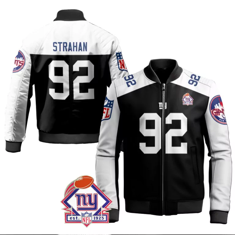 Michael Strahan 92 Jersey Black New York Giants Men Bomber Jacket Split Design White