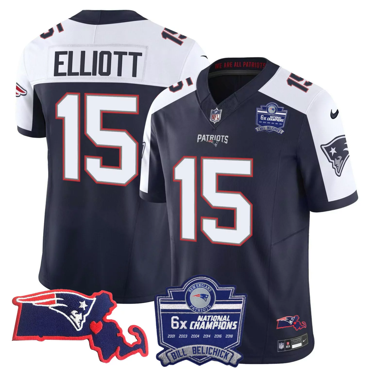 Ezekiel Elliott 15 Jersey Navy Blue 6x Super Bowl Champions New England Patriots Massachusetts Shape