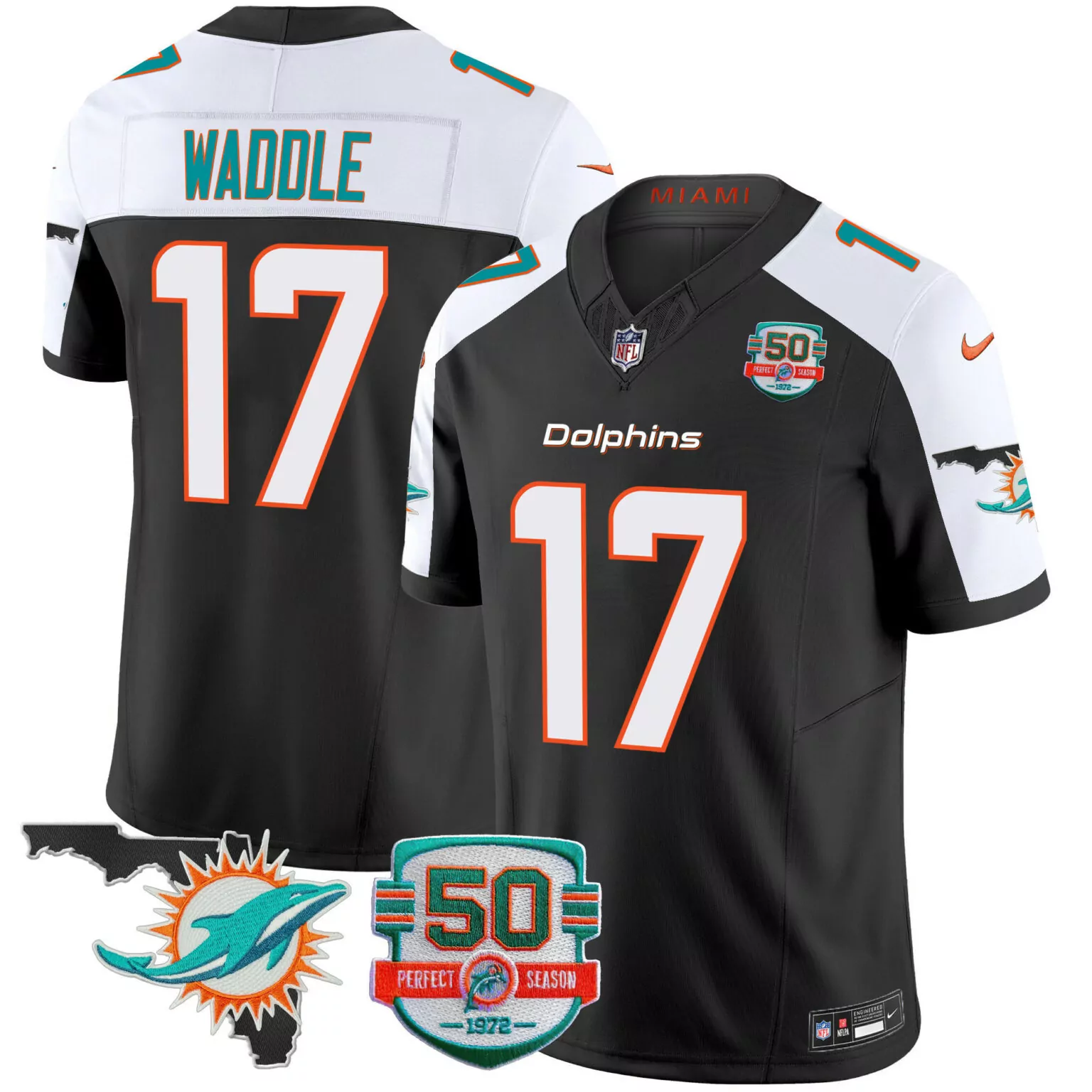 Jaylen Waddle 17 Dolphins Jersey Black Miami Florida Outline Men Split Design White