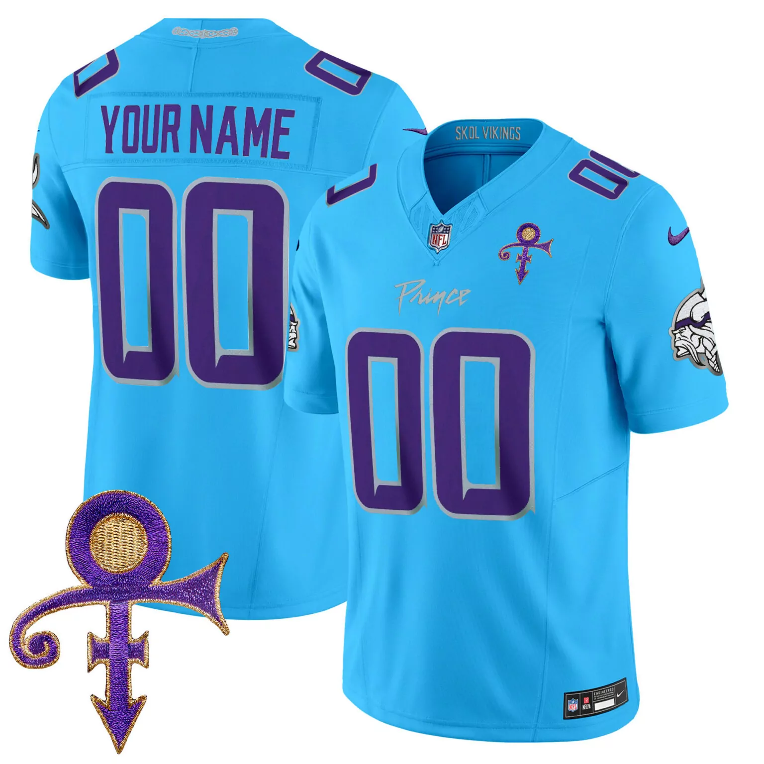 Custom Minnesota Vikings Jersey Light Blue Prince Symbol Men Alternate Purple Silver