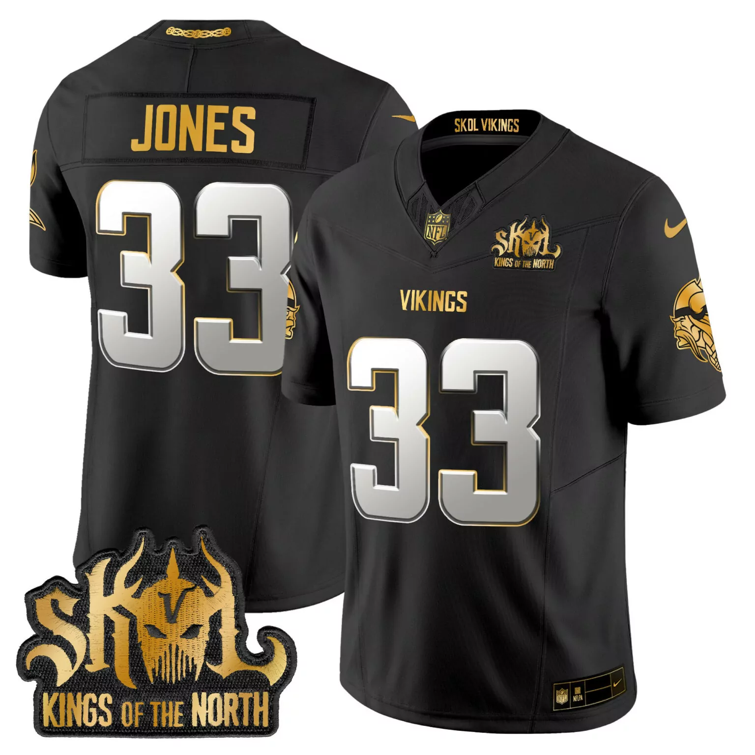 Aaron Jones 33 Vikings Jersey Black Skol Kings North Men Gold Silver All Stitched