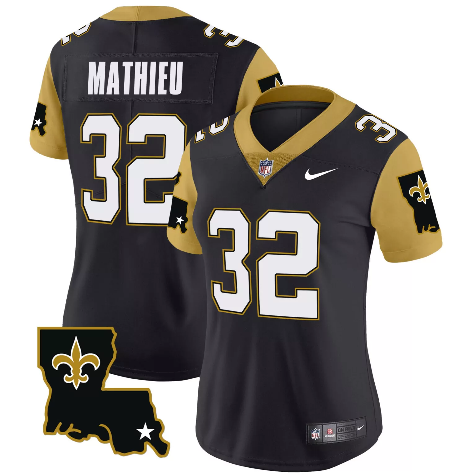 Tyrann Mathieu 32 Jersey Black New Orleans Saints Louisiana Outline Fleur-de-lis Star