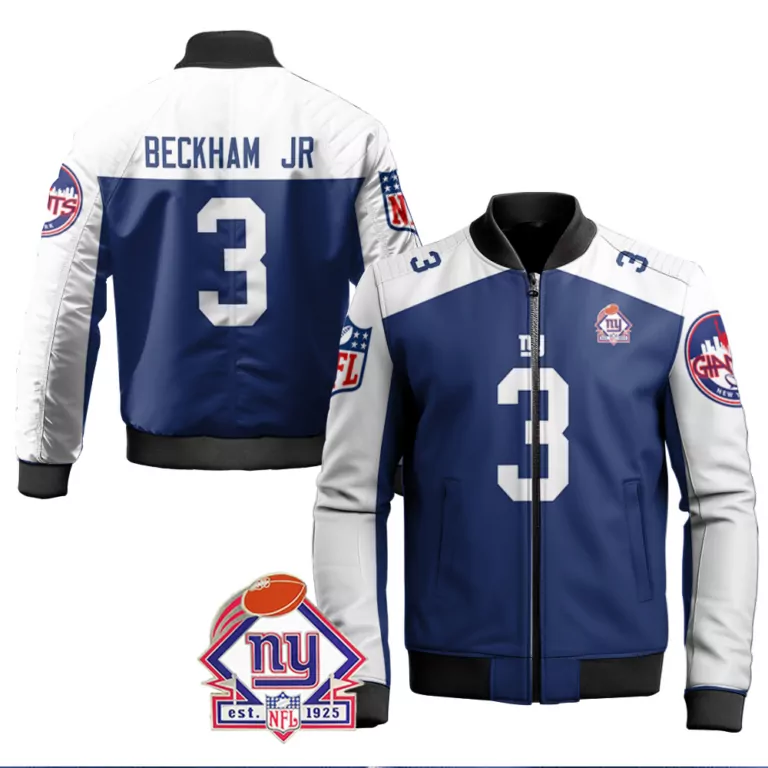 Odell Beckham 3 New York Giants Jersey Blue Men Bomber Jacket Split Design White