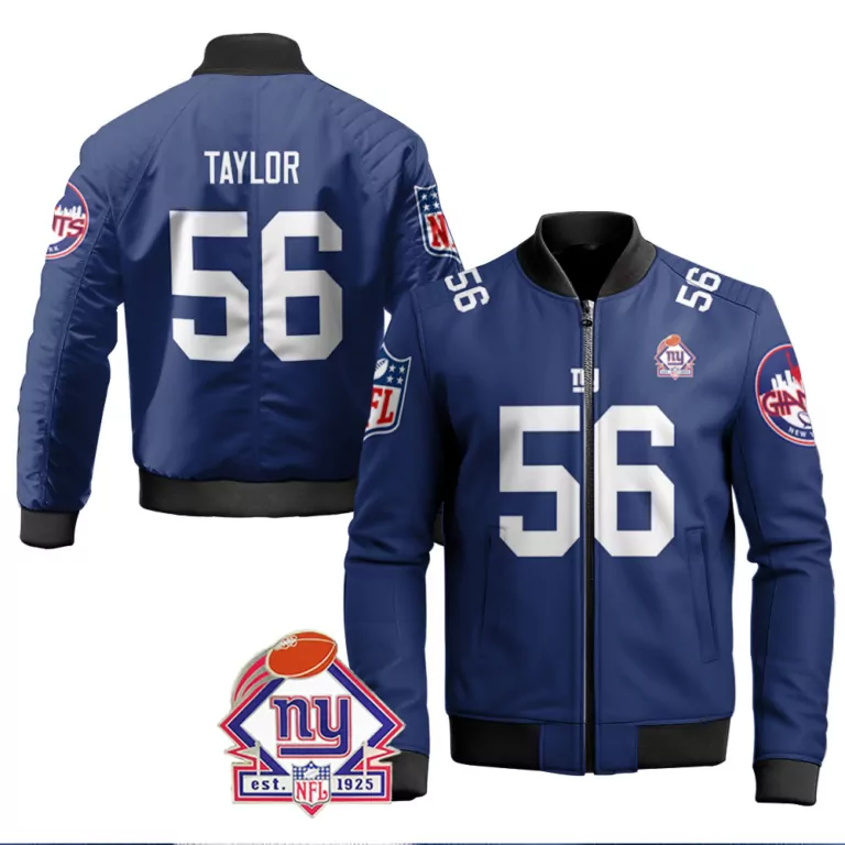 Lawrence Taylor 56 Jersey Blue NFL 1925 Est. New York Giants Men Bomber Jacket White