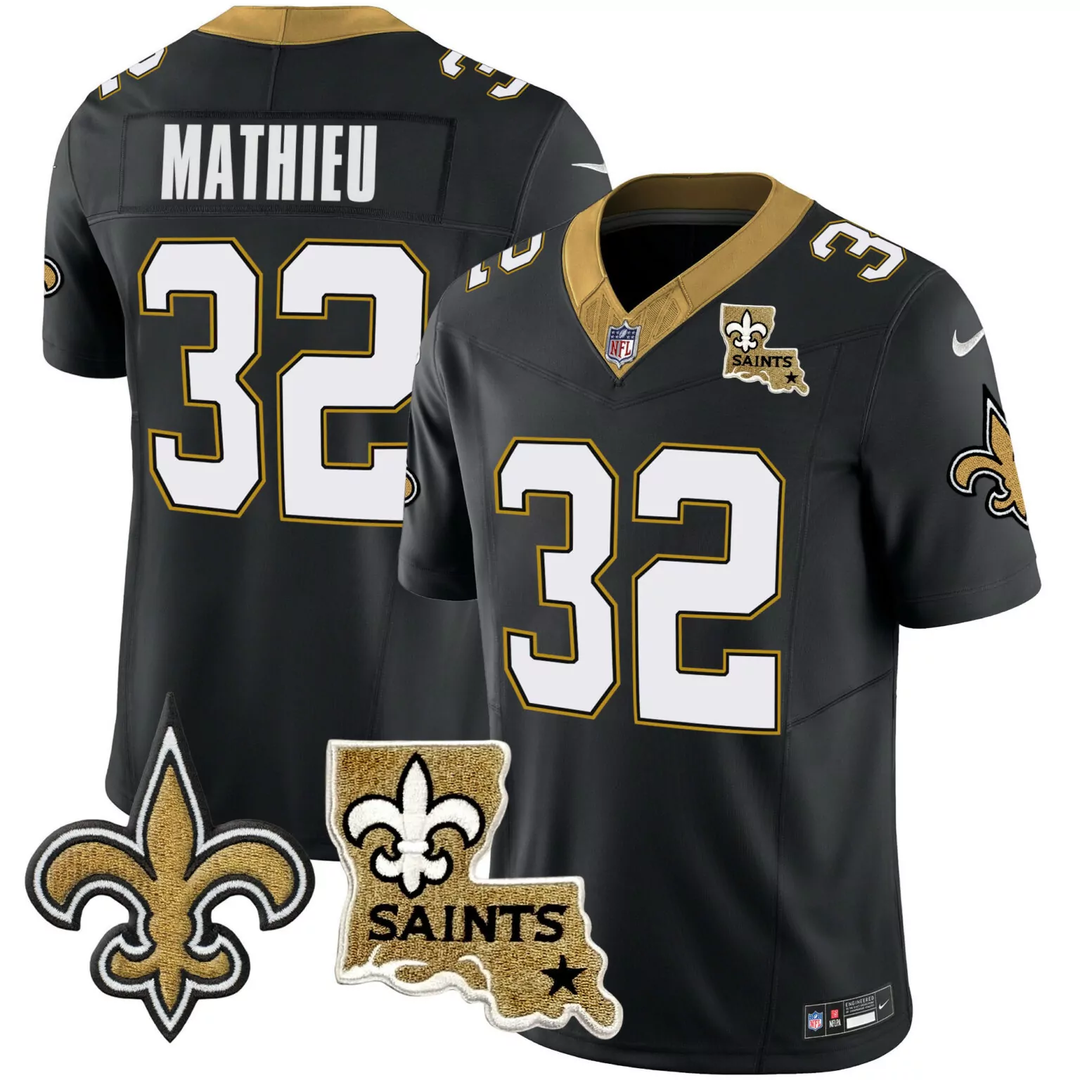 Tyrann Mathieu 32 Jersey Black New Orleans Saints Fleur-de-lis Men Game Gold All