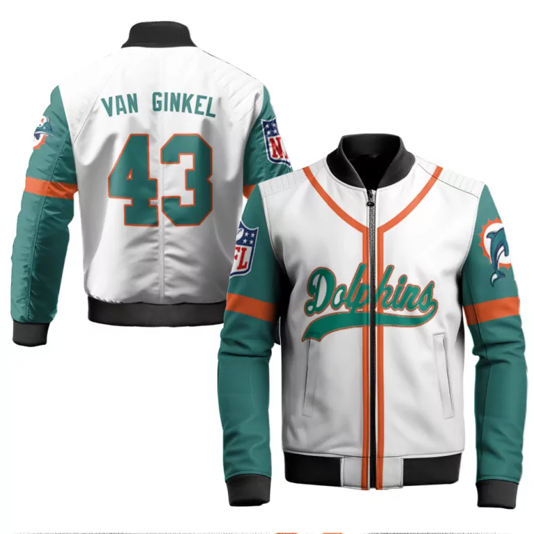 Kevin Ginkel 43 Dolphins Jersey White Men Bomber Jacket Split Design Teal Orange