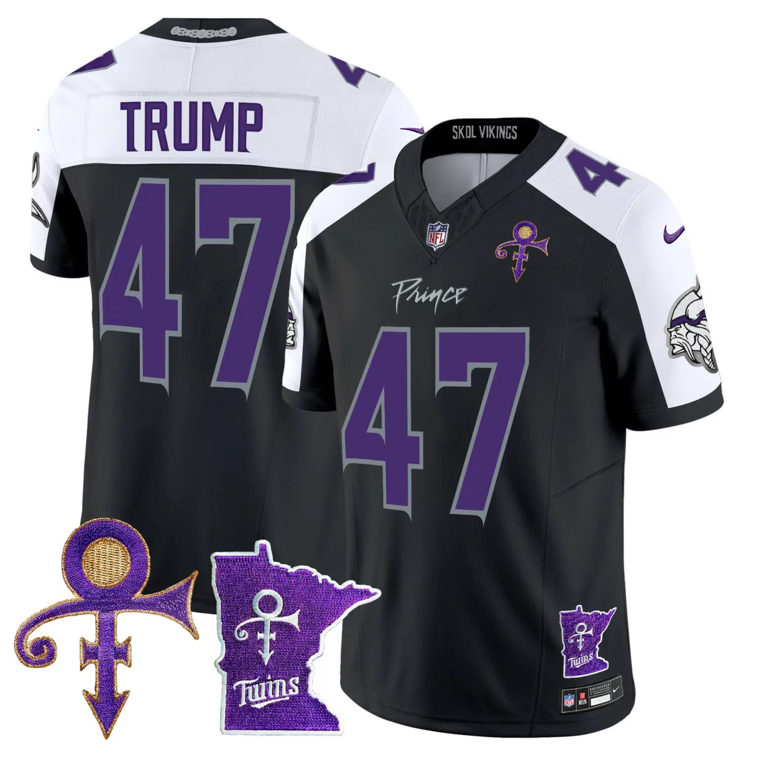 Donald Trump 47 Minnesota Vikings Jersey Black Prince Symbol Twins 2023 Men Player