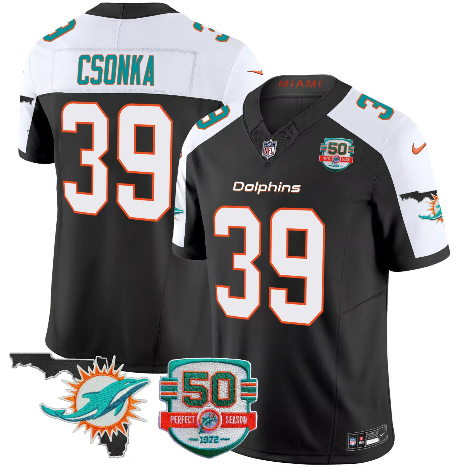 Larry Csonka 39 Dolphins Jersey Black Miami State Outline Men White Aqua Orange Alternate