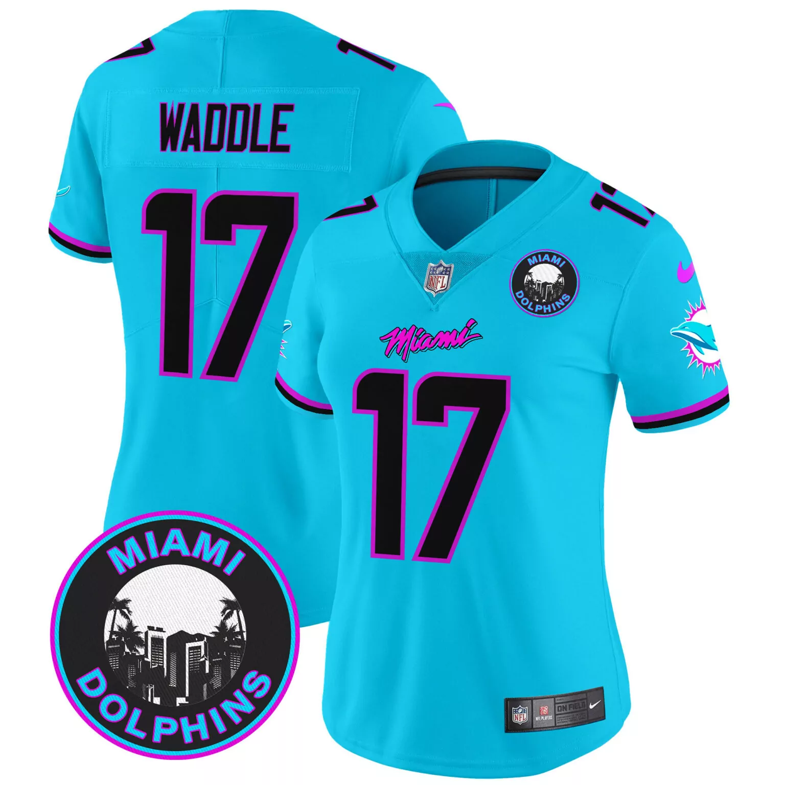 Jaylen Waddle 17 Miami Dolphins Jersey Aqua Players Women Alternate Black Pink v3