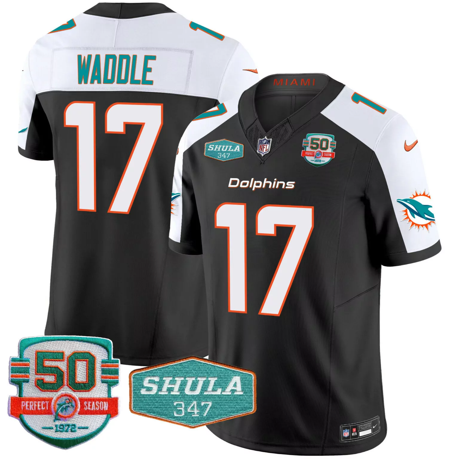 Jaylen Waddle 17 Miami Dolphins Jersey Black 50th Season Shula 347 Men Alternate